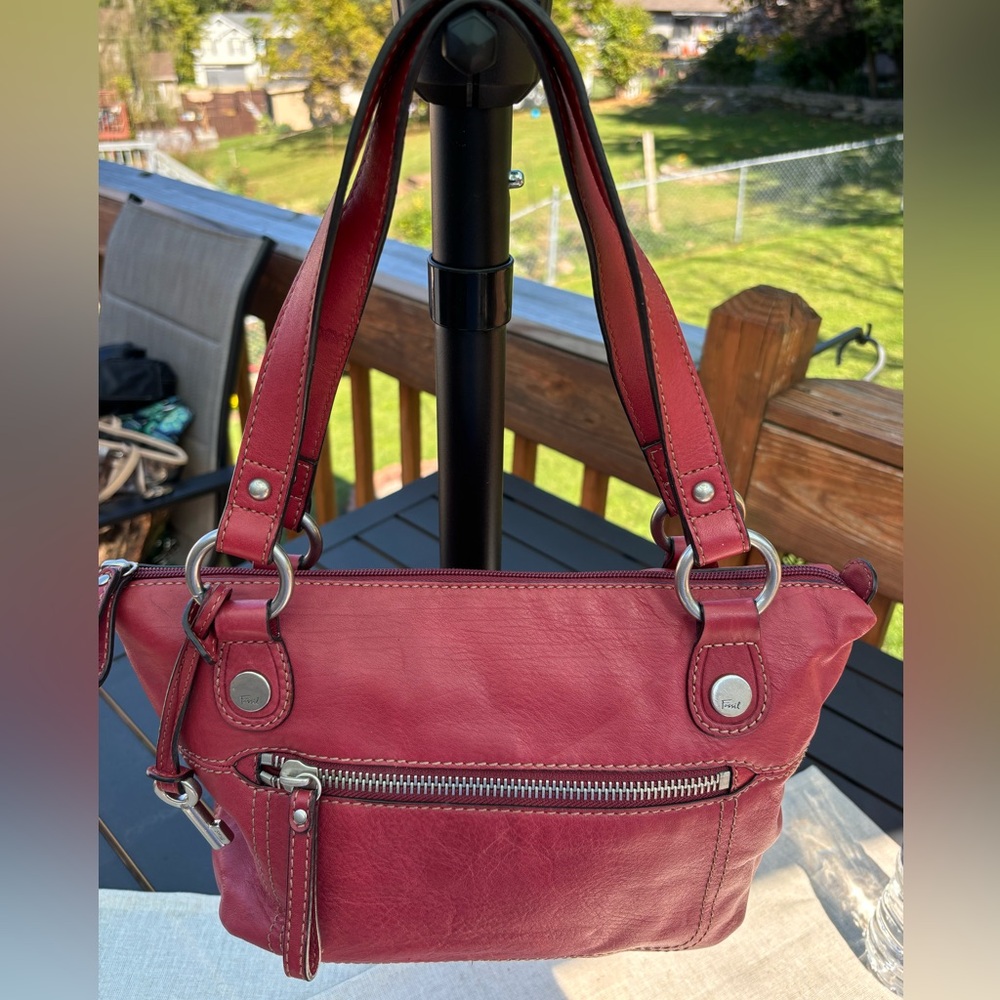 Fossil Red Leather Handbag with chunky silver accents